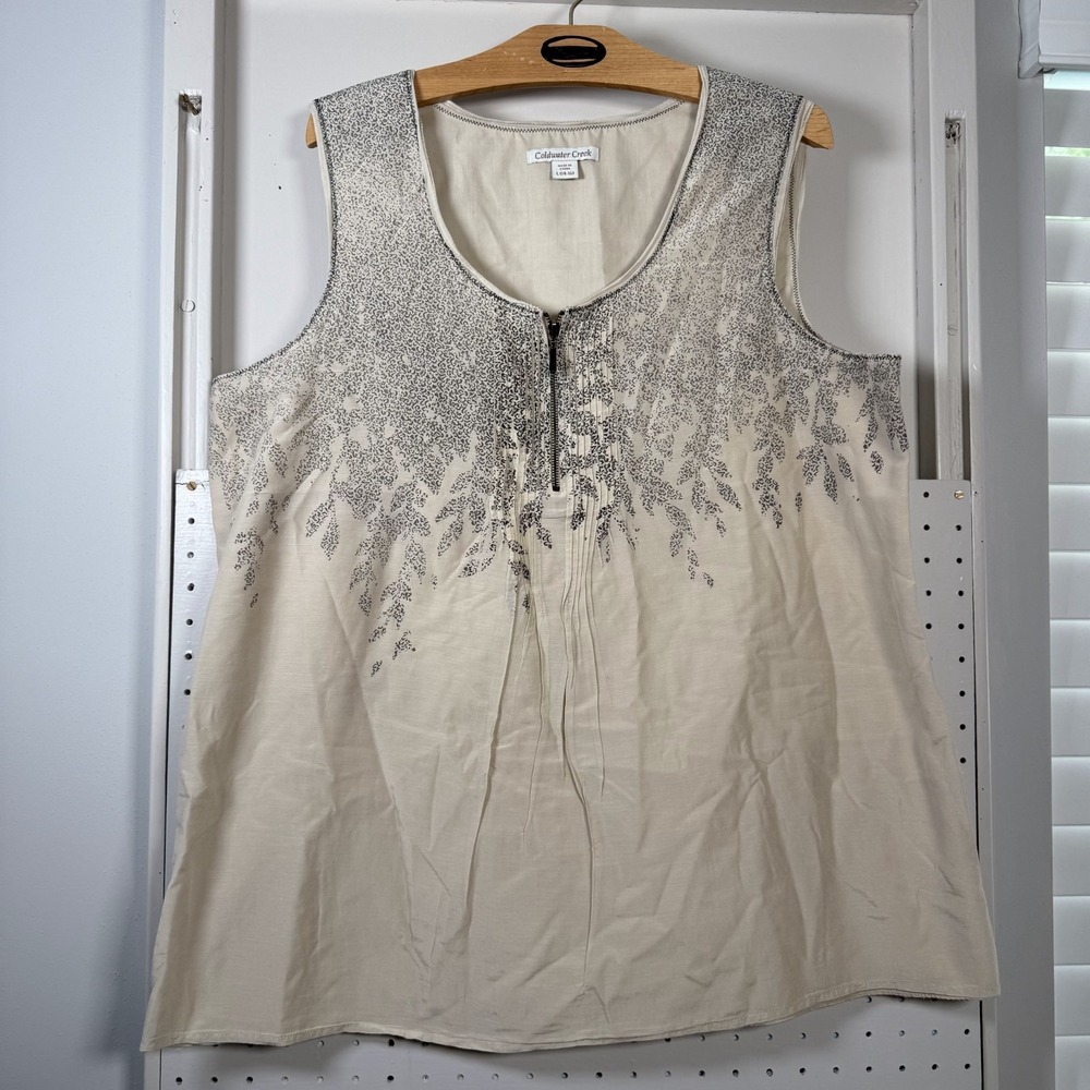 Coldwater Creek Top Womens Large Tan Floral Pleated Sleevless Scoop Neck 1/4 Zip